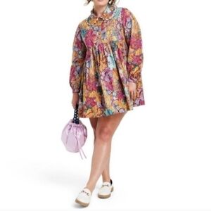 Kika Vargas Target Boho Anemone Floral Mini  Puff Sleeve Dress Cottagecore  Sz M
